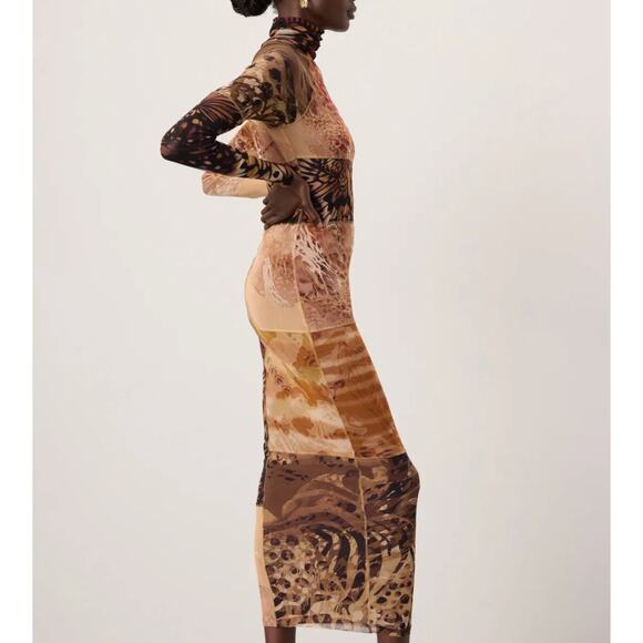 Fuzzi Patchwork Mesh Midi Dress SMALL Slinky Bodycon Designer Mockneck $700 - Picture 2 of 14